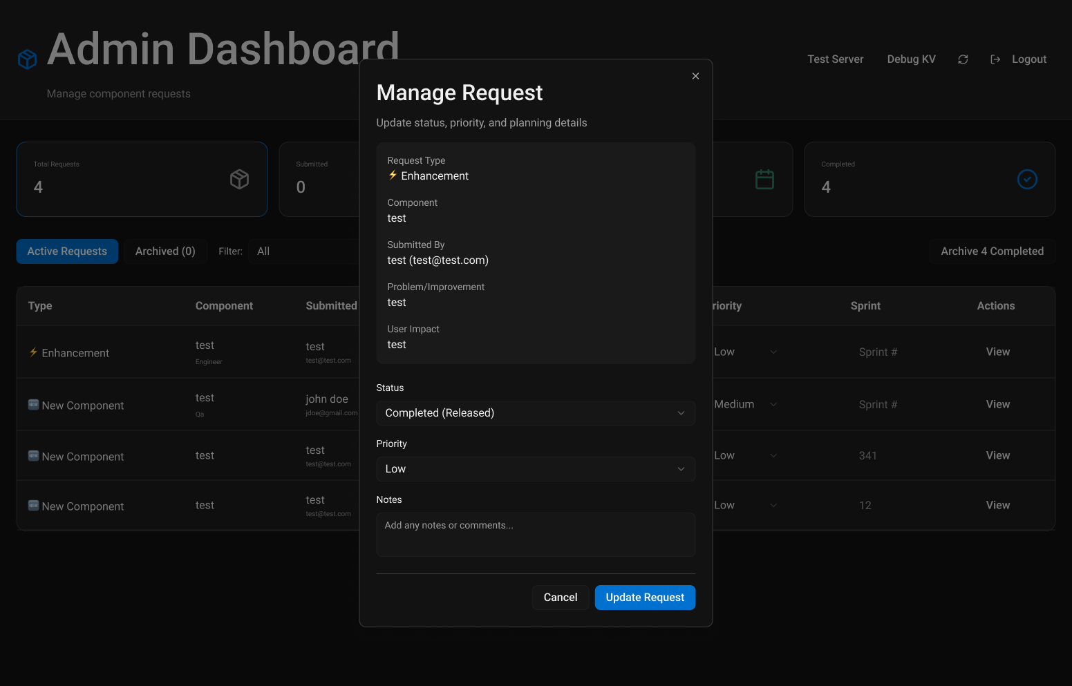 Admin Dashboard Request Details View